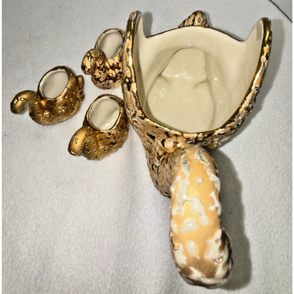 Set of 4 Vintage 22 K Hand Decorated Weeping Bright Gold Swans Ceramic Planters - Picture 5 of 12